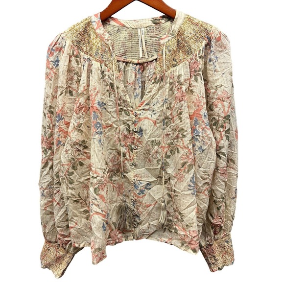 Anthropologie Tops - Anthropologie Blouse Women's Medium Ivory Pink Blue Floral Metallic Boho